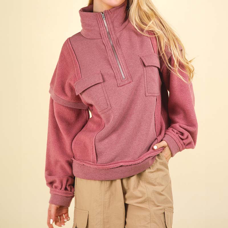 Two Pocket Quarter Zip Pullover in Mauve