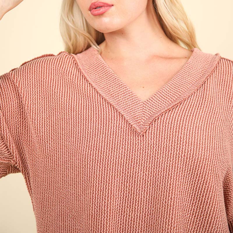 Ribbed V-Neck Oversized Long Sleeve Knit Top in Cedar