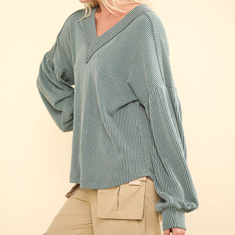 Ribbed V-Neck Oversized Long Sleeve Knit Top in Moss