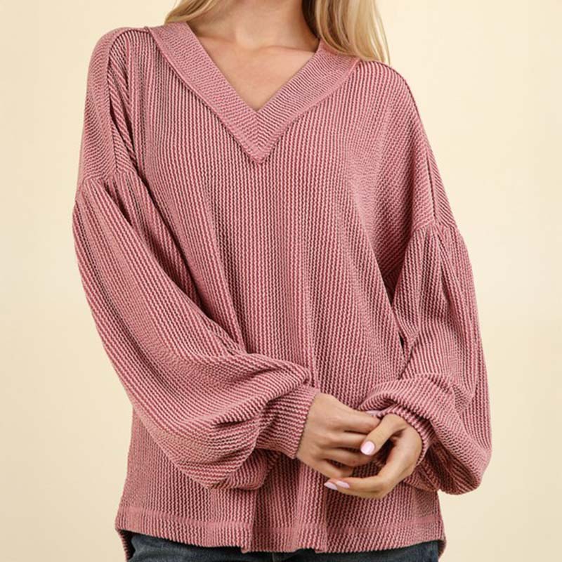 Ribbed V-Neck Oversized Long Sleeve Knit Top