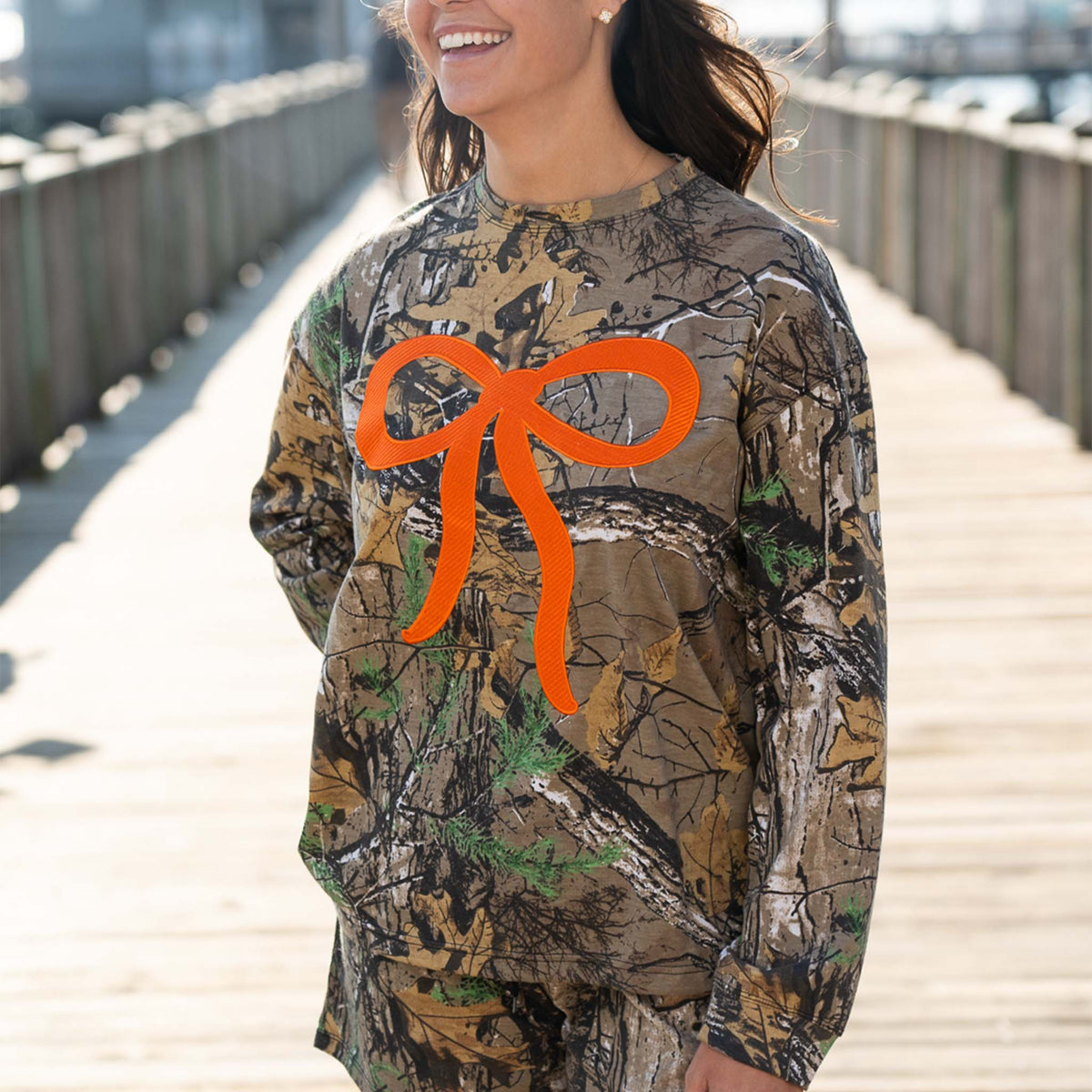 orange bow camo lightweight crewneck top
