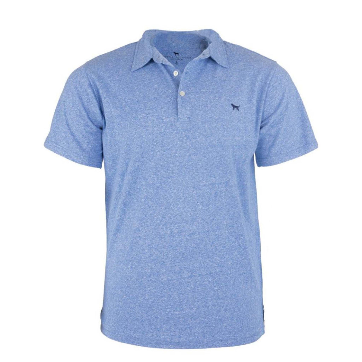 Simply Southern Men&#39;s Solid Polo, color blue, sizes S-XXL, 100% cotton.  There is a 3-button closure at the neckline and a small, embroidered dog embroidered on the left chest. Its classic design features a clean, simple look that&#39;s perfect for both casual and semi-formal occasions. With its versatile style and durable fabric, this polo offers a timeless wardrobe staple for effortless, all-day wear.