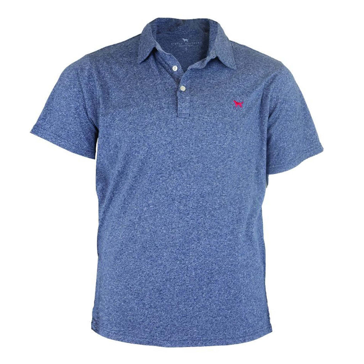 Simply Southern Men&#39;s Solid Polo, color heathered navy, sizes S-XXL, 100% cotton.  There is a 3-button closure at the neckline and a small, embroidered dog embroidered on the left chest. Its classic design features a clean, simple look that&#39;s perfect for both casual and semi-formal occasions. With its versatile style and durable fabric, this polo offers a timeless wardrobe staple for effortless, all-day wear.
