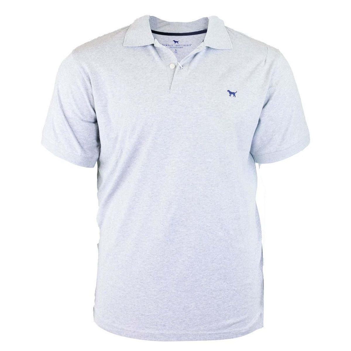 Simply Southern Men&#39;s Solid Polo, color heathered light gray, sizes S-XXL, 100% cotton.  There is a 3-button closure at the neckline and a small, embroidered dog embroidered on the left chest. Its classic design features a clean, simple look that&#39;s perfect for both casual and semi-formal occasions. With its versatile style and durable fabric, this polo offers a timeless wardrobe staple for effortless, all-day wear.