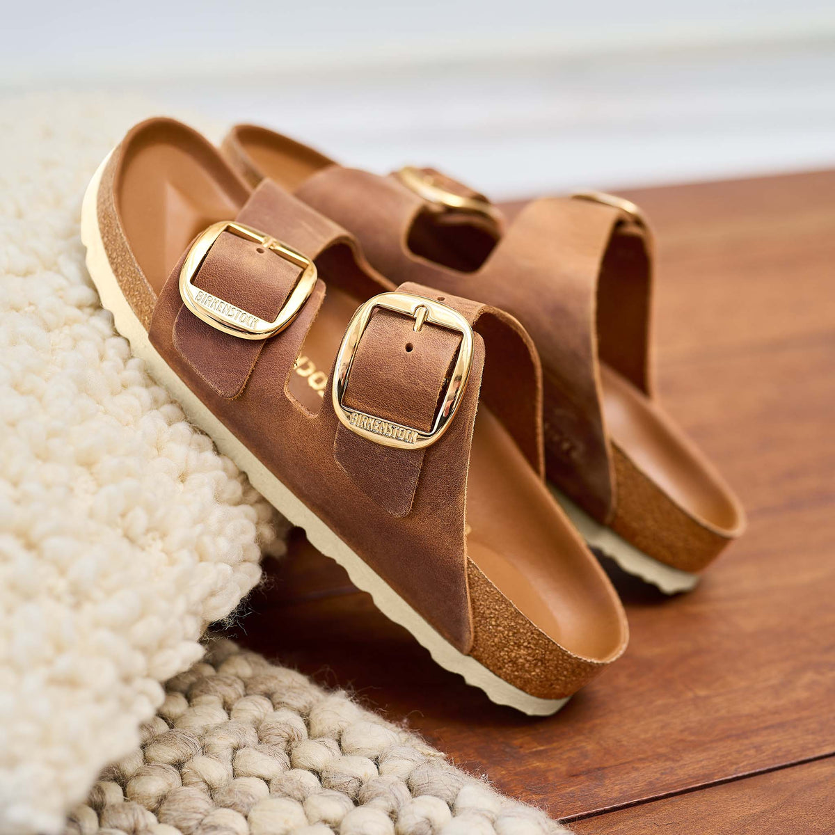 Women&#39;s Arizona Leather Big Buckle Sandals in Cognac