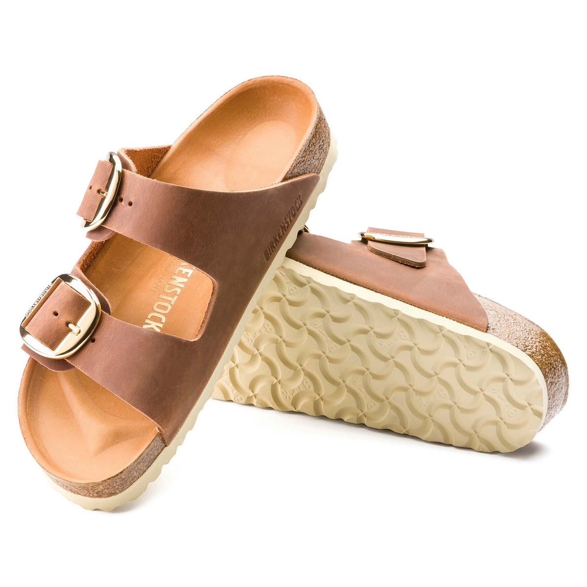Women&#39;s Arizona Leather Big Buckle Sandals in Cognac