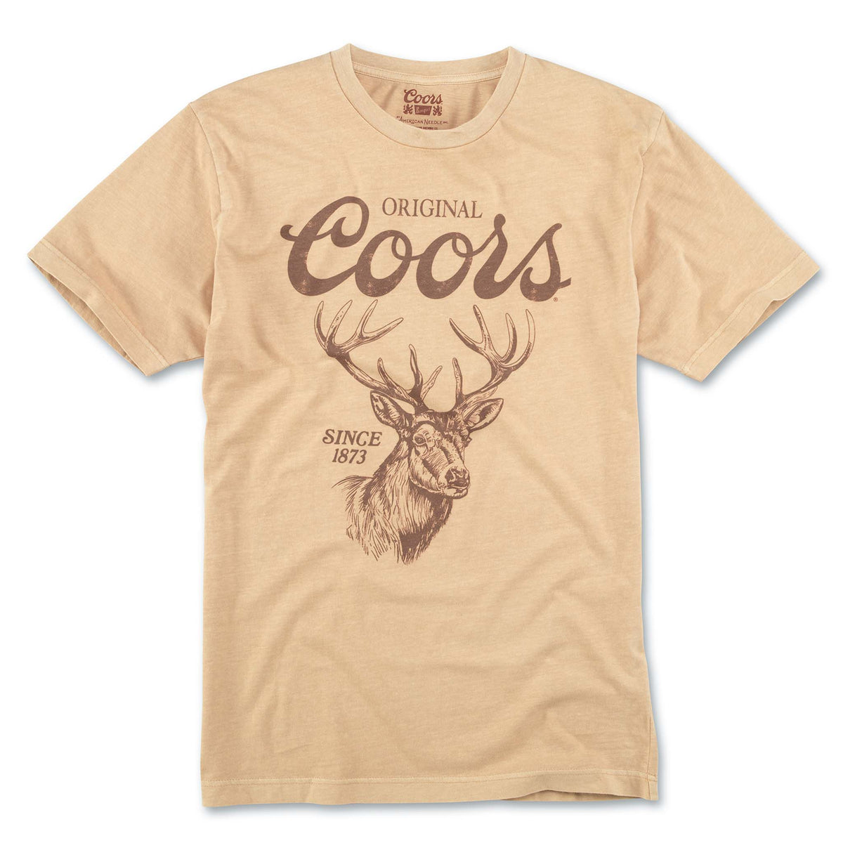 Show off your love for the outdoors with this men&#39;s short sleeve t-shirt by American Needle featuring the iconic Coors logo and a deer head graphic.  Color tan, Sizes S-XXL, 100% cotton