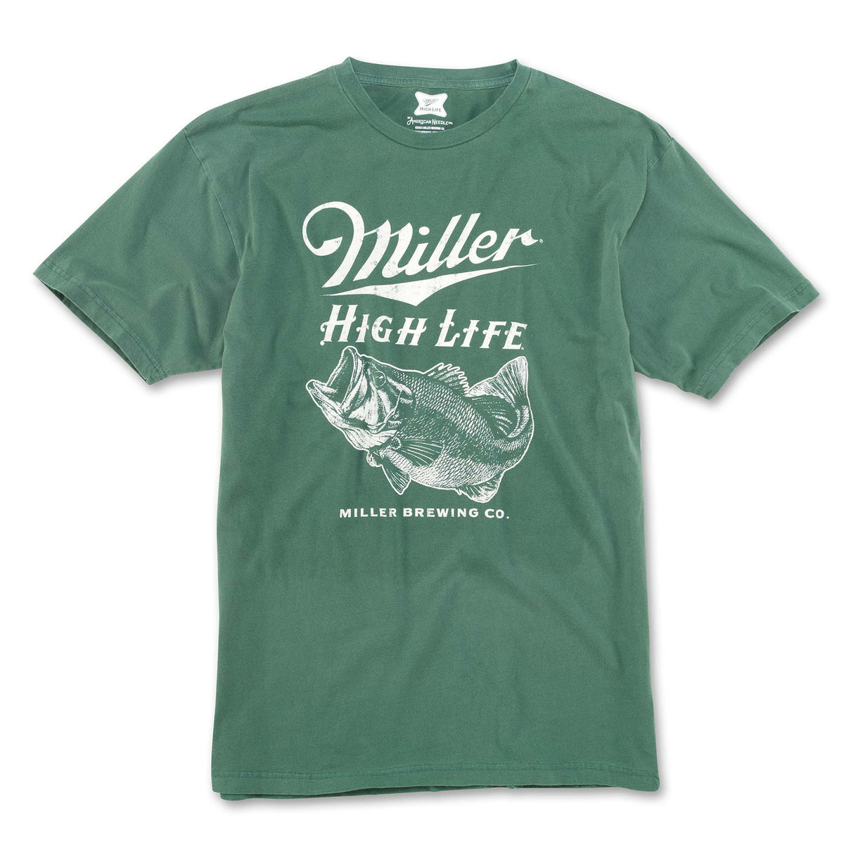 This Miller High Life t-shirt by American Needle, features a lively bass fish design, paired with the iconic logo for a vintage vibe in white screen print.  Shirt color green, sizes S-XXL, 100% cotton