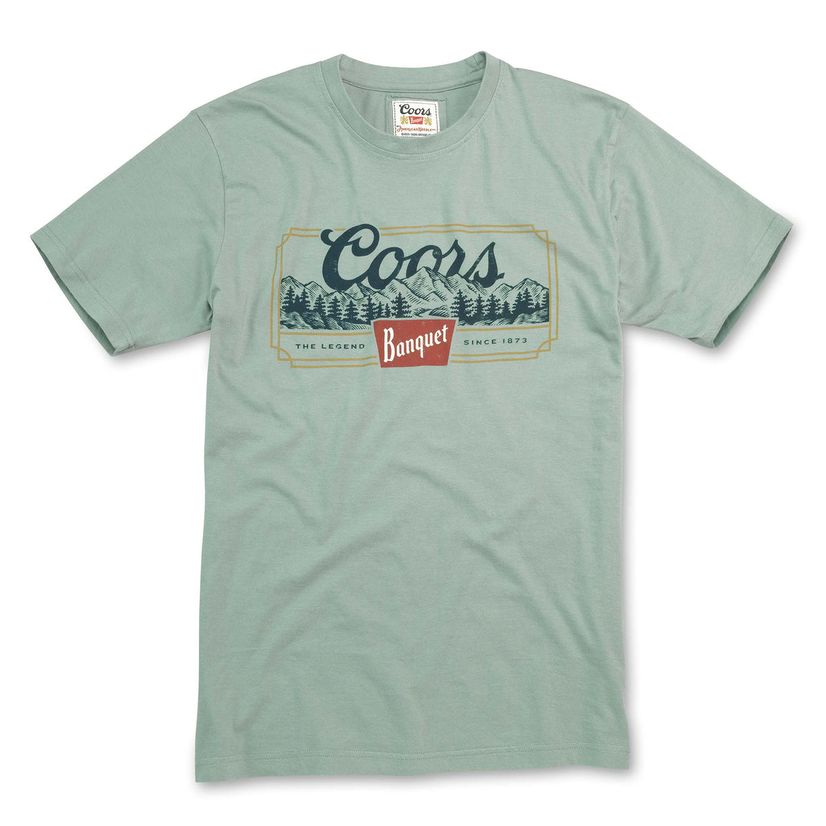 Show off your love for the classics with this American Needle short sleeve t-shirt featuring the traditional Coors Banquet logo over a mountain range silhouette. Color smoke blue, sizes S-XXL, 100% cotton