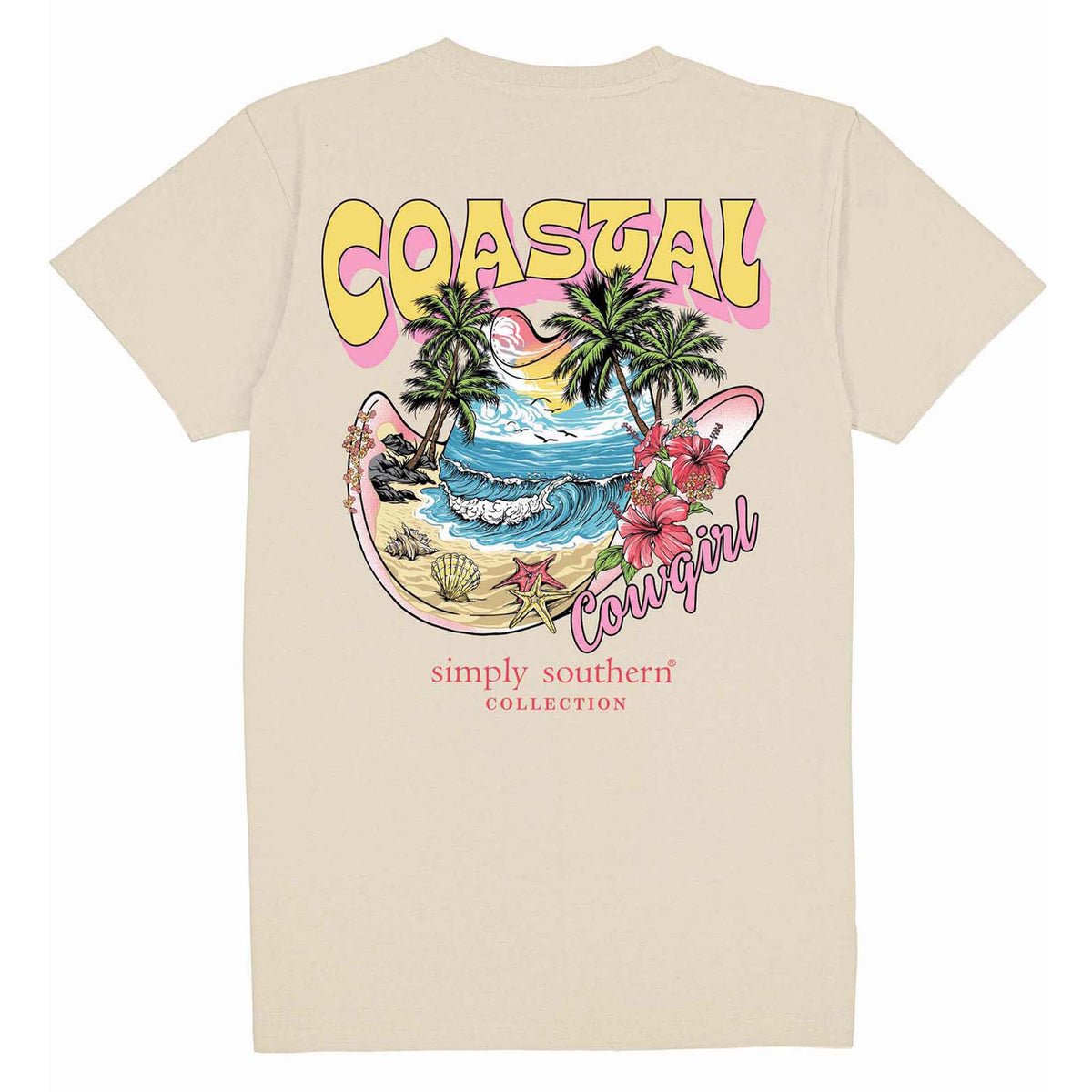 Back of Simply Southern Coastal Cowgirl short sleeve t-shirt featuring the phrase &#39;Coastal cowgirl&#39;, a cowgirl hat with beach, palm trees, and hibiscus flowers. Simply Southern logo below.  Sizes S-XXL