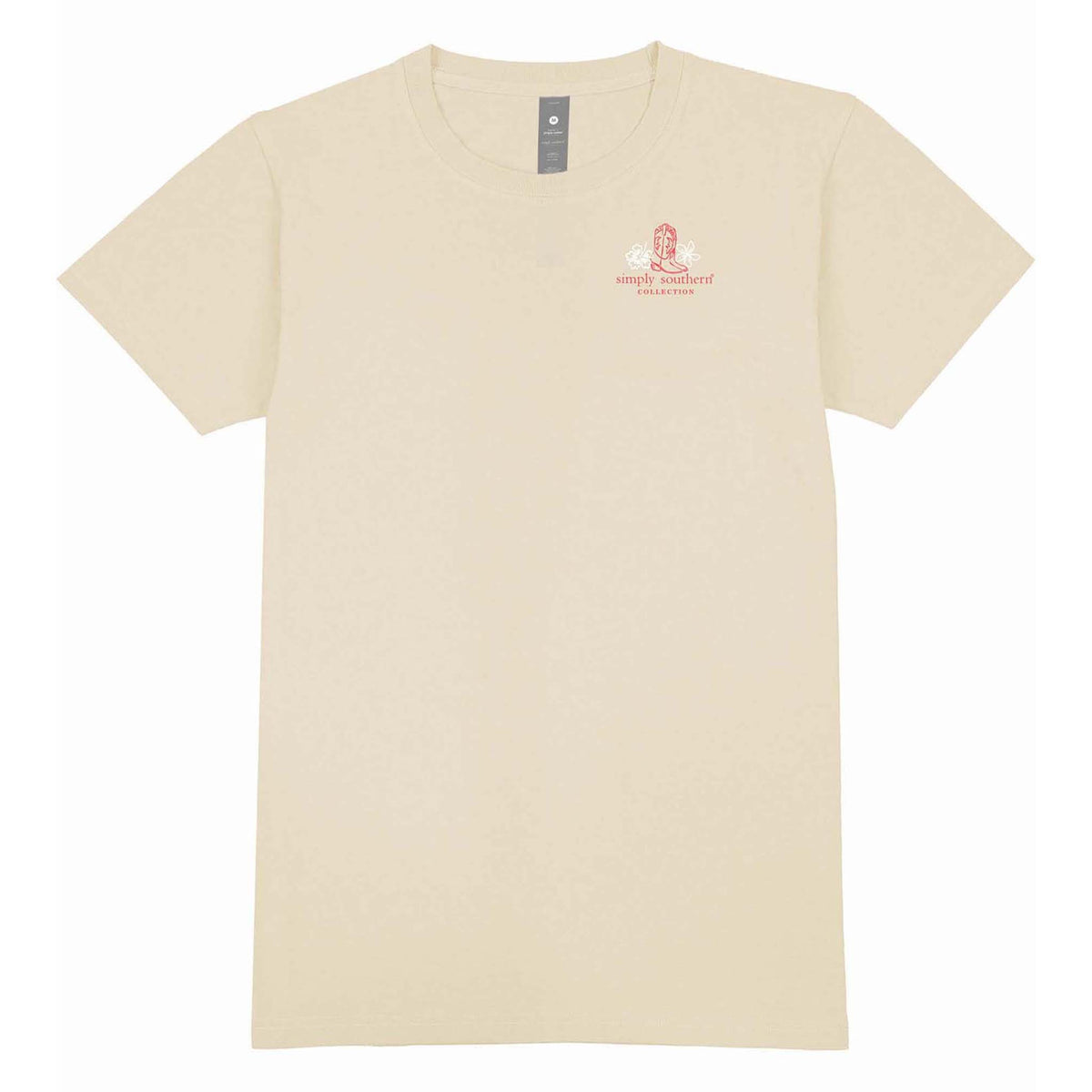 Front of tan short sleeve t-shirt with cowgirl boots and hibiscus flowers on left chest with Simply Southern logo below.  Sizes S-XXL