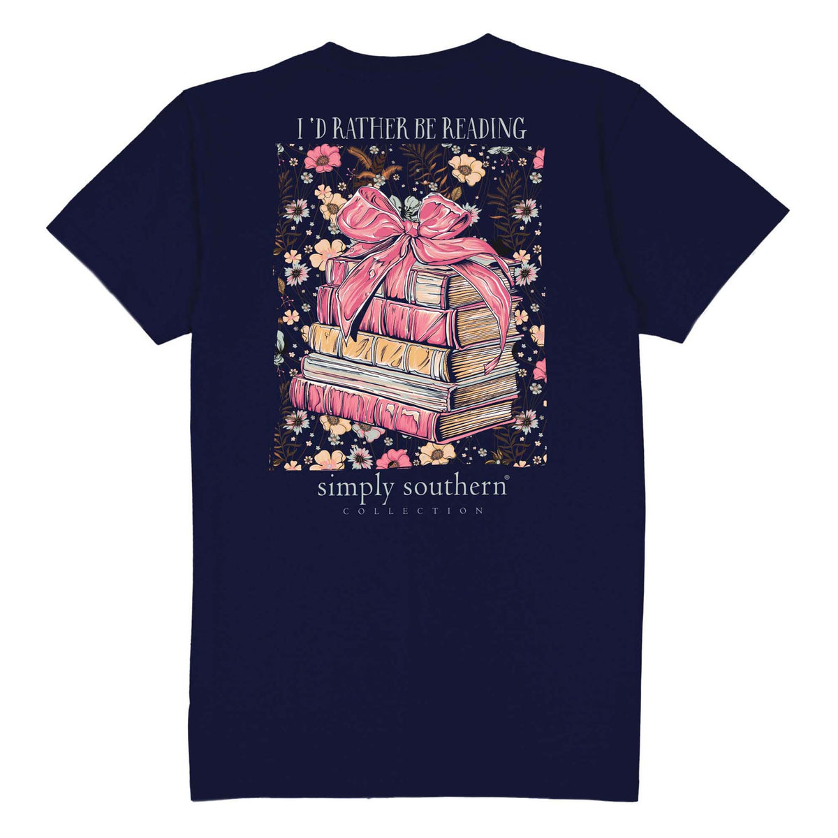 Back view - Simply Southern short sleeve t-shirt, color navy, sizes S-XXL, 100% cotton.  This shirt features a large design of pink stacked books with a pink bow on top and the words &quot;I&#39;d rather be reading&quot; on top of the design and the Simply Southern Logo at the bottom.  