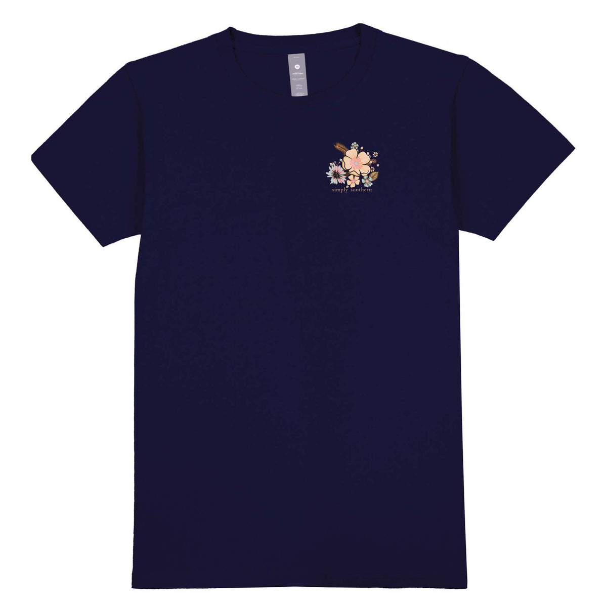 Front view - Simply Southern short sleeve t-shirt, color navy, sizes S-XXL, 100% cotton.  On the left chest, this shirt features a small design of pastel flowers and the Simply Southern logo below.