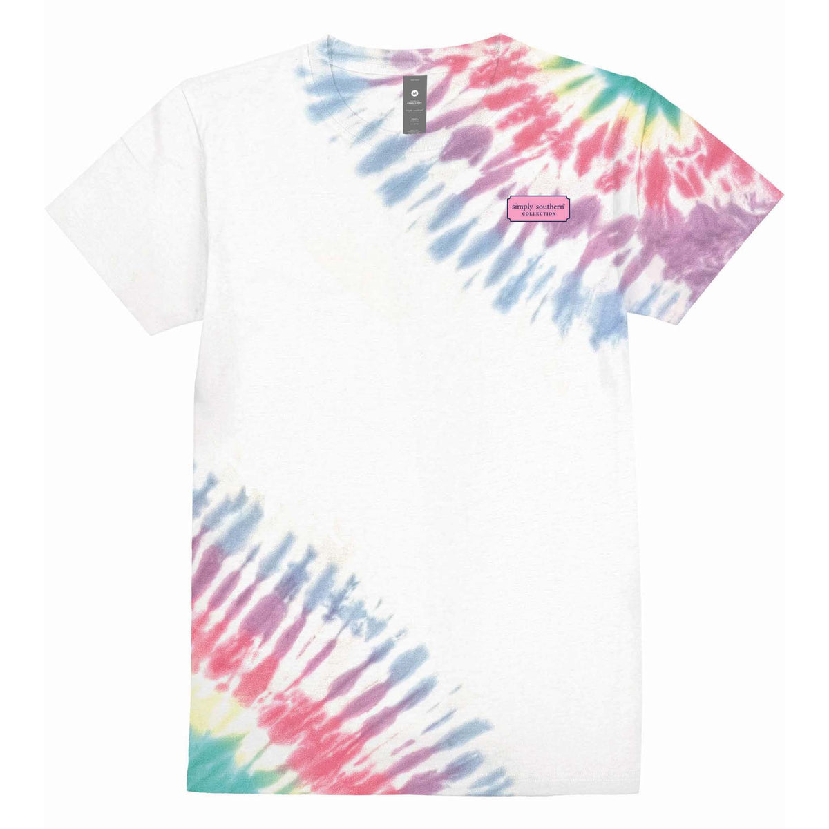 Front of Salty Glow Simply Southern Short Sleeve t-shirt, multi-colored tie-dye, Simply Southern logo on left breast of shirt, sizes S-XXL