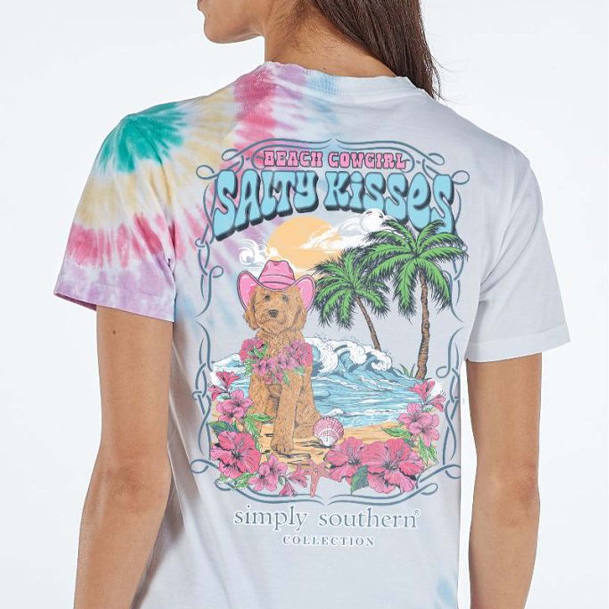 Woman wearing Salty Glow Simply Southern Short Sleeve t-shirt, multi-colored tie-dye, sizes S-XXL