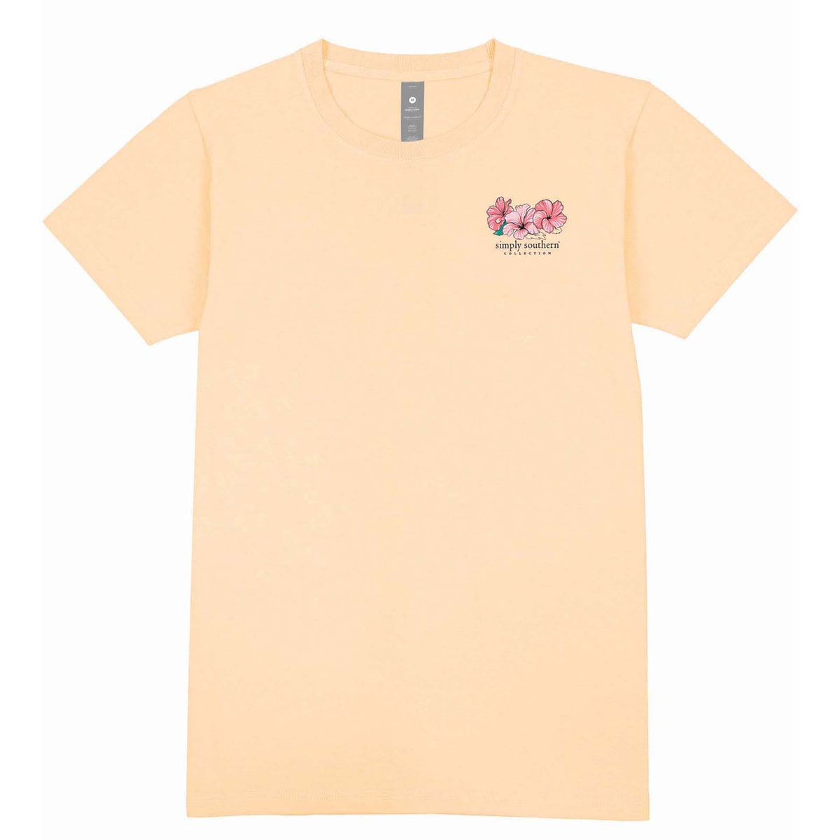 Front of Yellow short sleeve t-shirt displaying a Simply Southern logo and three pink flowers on the left chest.  Sizes S-XXL