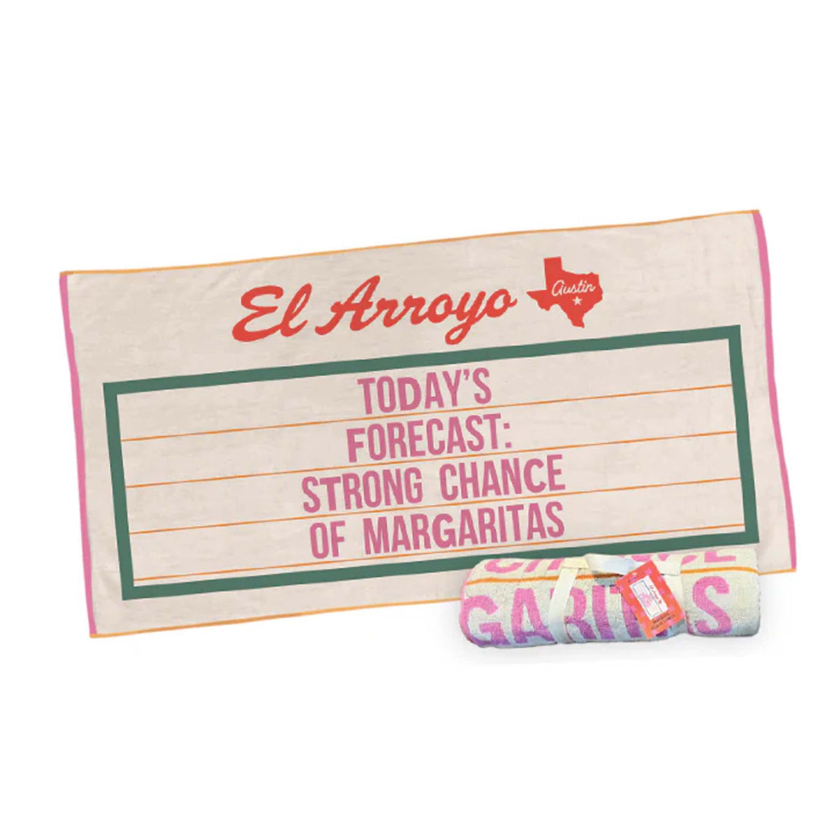 Oversized beach towel, size 36 inches by 70 inches, color ivory.  The design is a green outlined marquee style sign featuring the humorous phrase &quot;Today&#39;s forecast: Strong Chance of Margaritas&quot; typed in pink font. 