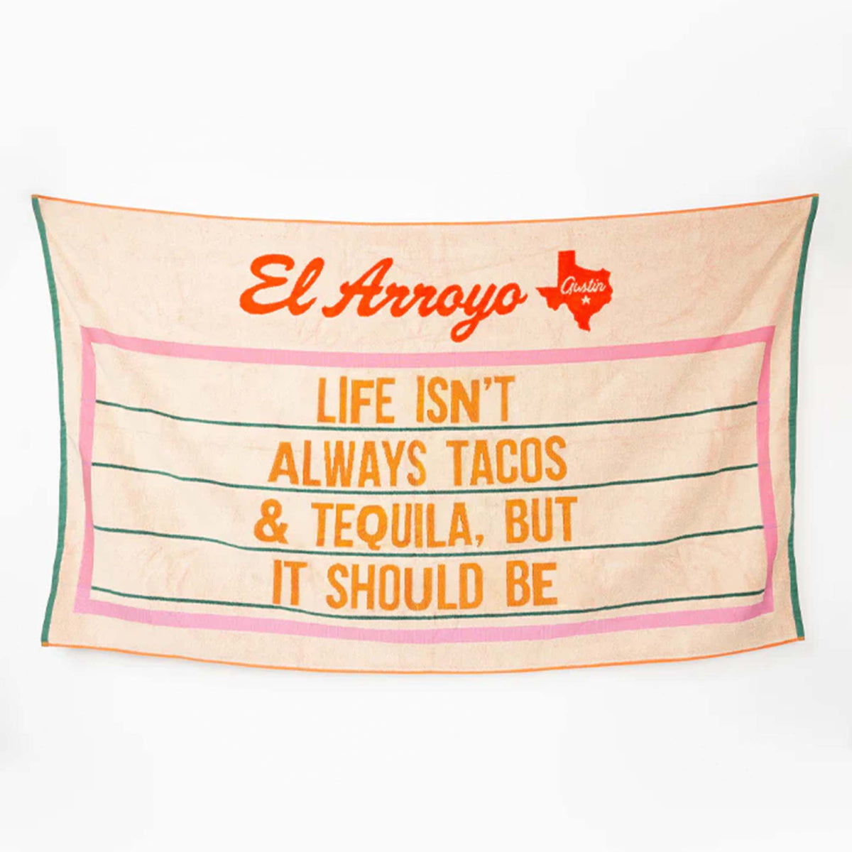 Oversized beach towel, size 36 inches by 70 inches, color ivory.  The design is a pink outlined marquee style sign featuring the humorous phrase &quot;Life Isn&#39;t Always Tacos &amp; Tequila, But It Should Be&quot; typed in a sunny orange font. 