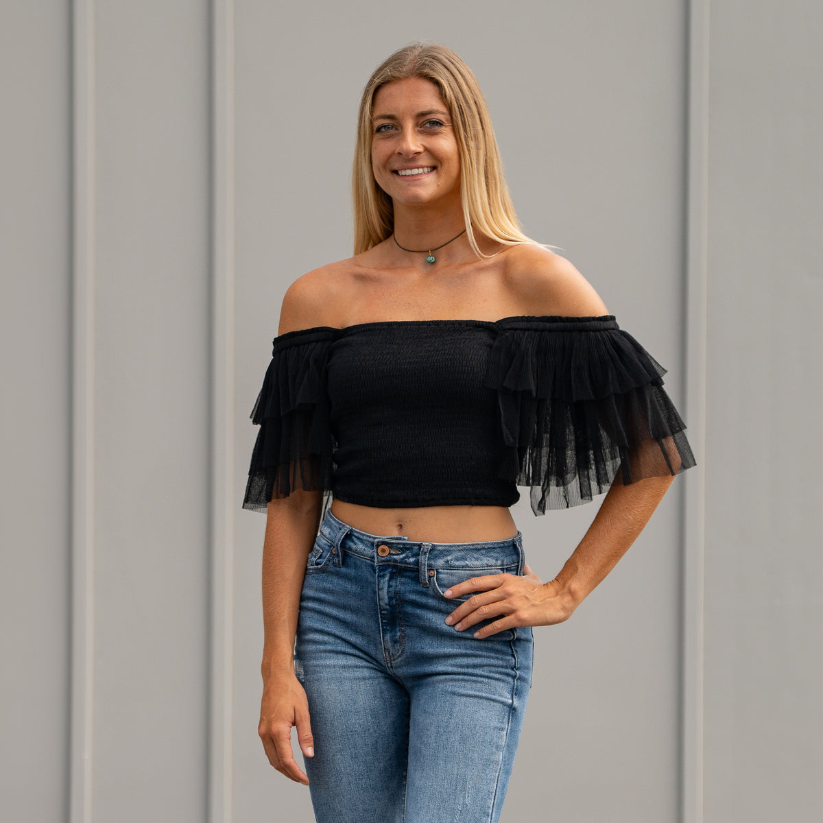 Short Sleeve Tulle Crop Top