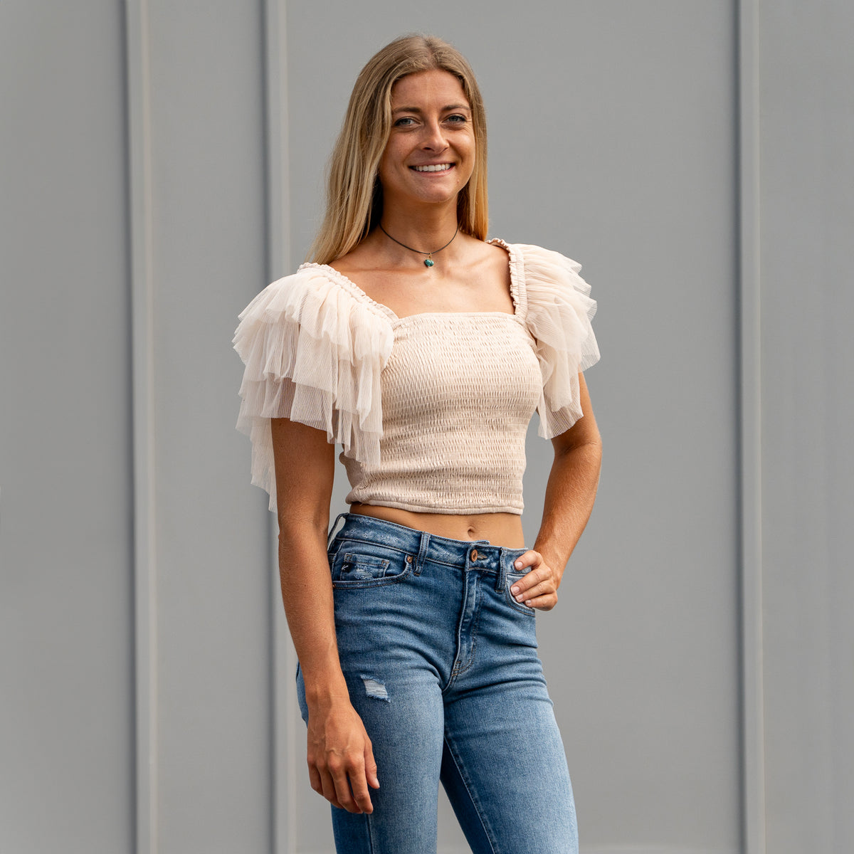 Short Sleeve Tulle Crop Top