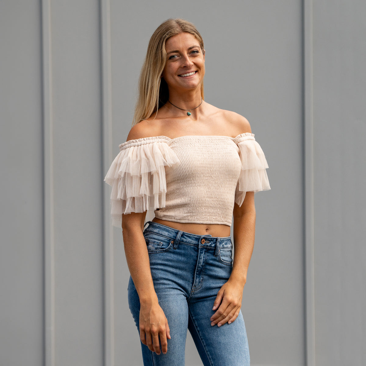 Short Sleeve Tulle Crop Top