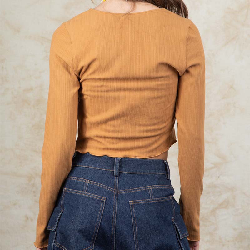 Tie Front Long Sleeve Crop Top in camel